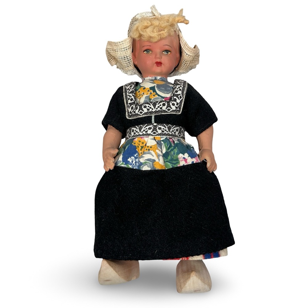 Vintage Dutch Souvenir Doll Traditional Volendam Costume Wooden Clogs 10 inch